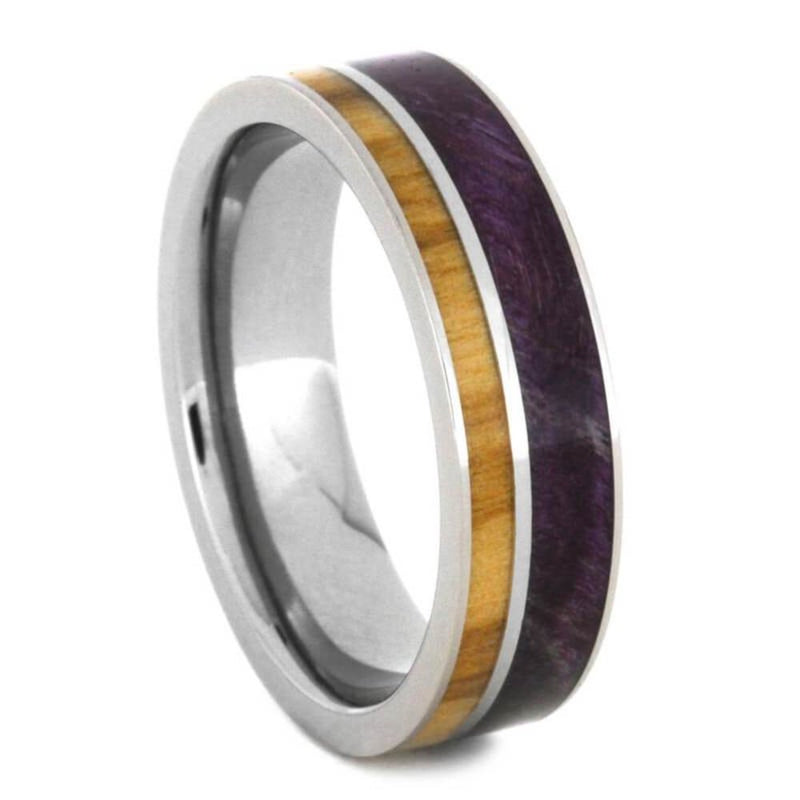 The Men's Jewelry Store (Unisex Jewelry) Purple Box Elder Burl, Bethlehem Olive Wood 6mm Titanium Comfort-Fit Wedding Band, Size 13.5