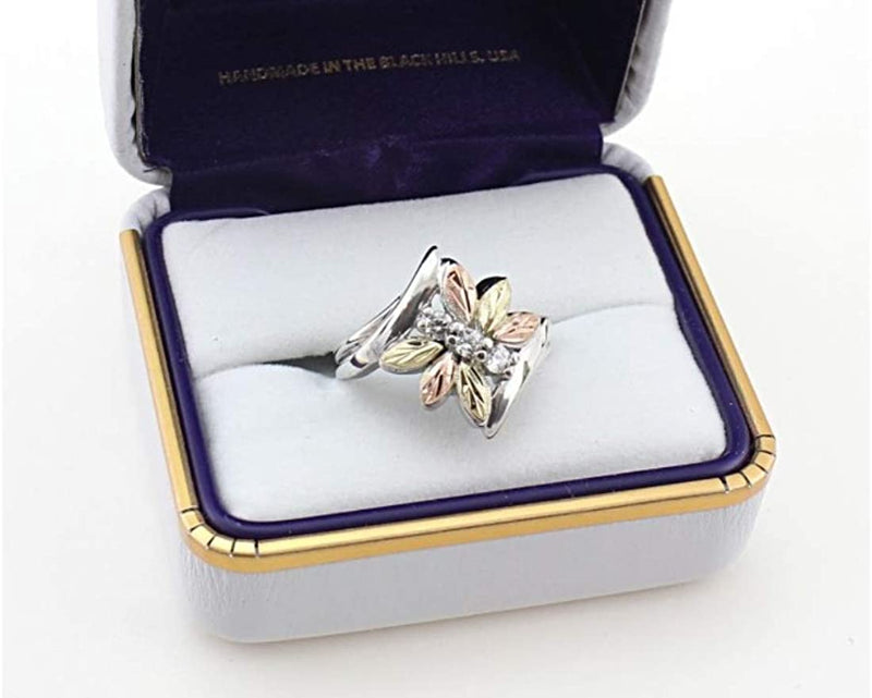 Rhodium-Plated Sterling Silver Six Leaf CZ Dragonfly Bypass Ring, 12k Rose and Green Gold Black Hills Gold Size 9