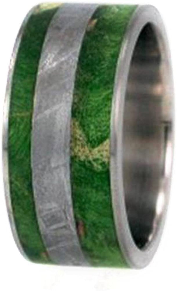 Gibeon Meteorite, Green Box Elder Burl Wood 10mm Comfort Fit Matte Titanium Band, Size 12.75