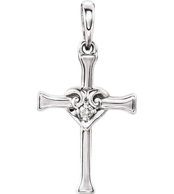 Diamond Heart Cross Sterling Silver Pendant (.025 Ct, G-H Color, I1 Clarity)