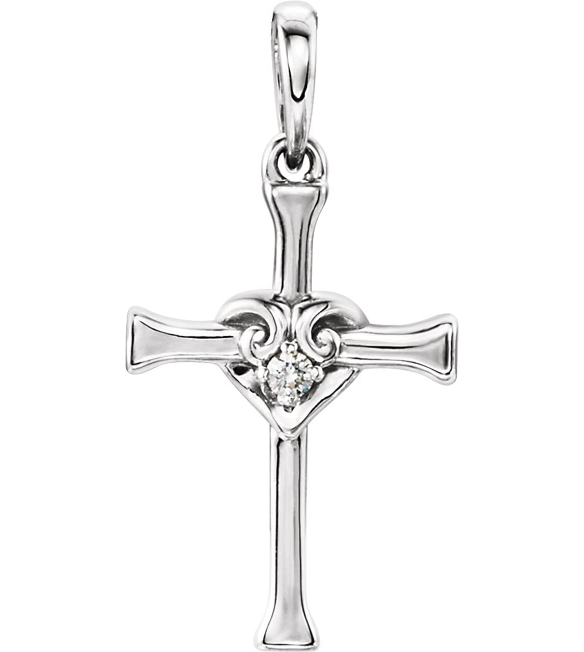 Diamond with Heart Cross Rhodium-Plated 14k White Gold Pendant (.025 Ct, G-H Color, I1 Clarity)