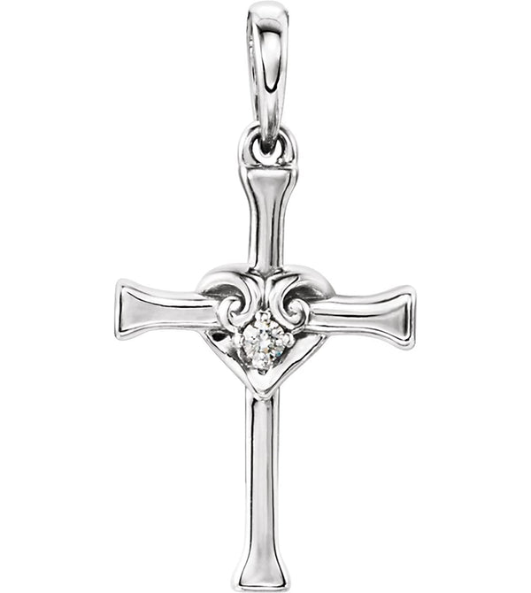 Diamond with Heart Cross Rhodium-Plated 14k White Gold Pendant (.025 Ct, G-H Color, I1 Clarity)