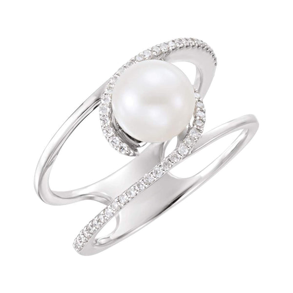 Platinum White Freshwater Cultured Pearl, Diamond Negative Space Ring (7.5-8.00)(.125Ctw, G-H Color, SI2-SI3 Clarity) Size 7