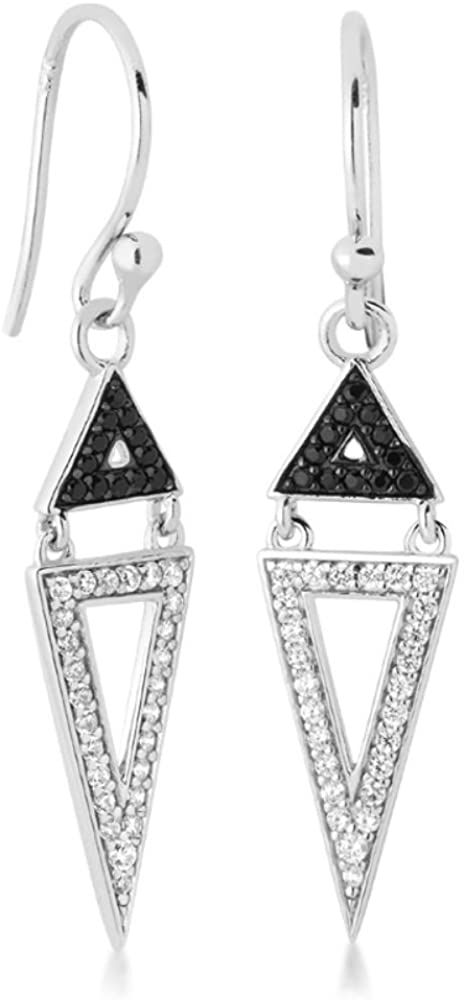 Black and White CZ Triangle Drop Rhodium Plated Sterling Silver Earrings