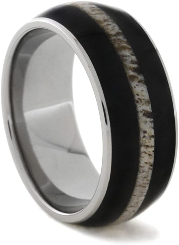 African Blackwood and Deer Antler 9mm Comfort-Fit Titanium Ring, Size 7.5