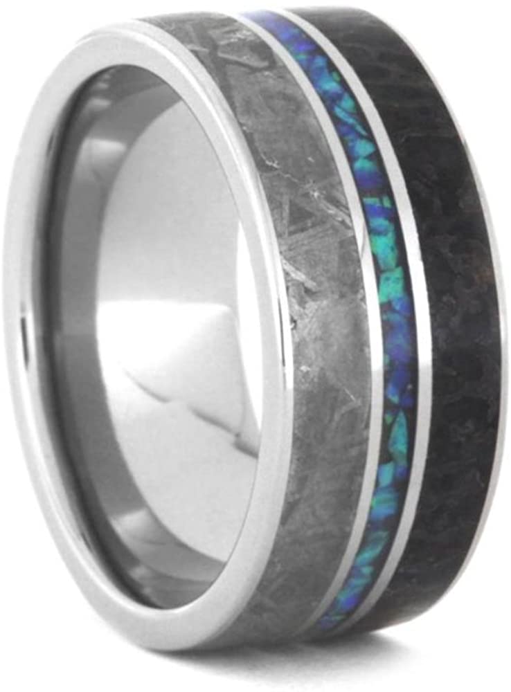 Crushed Synthetic Opal, Gibeon Meteorite, Dinosaur Bone 9.5mm Titanium Comfort-Fit Wedding Band, Size 7