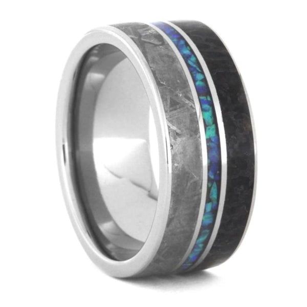 Crushed Synthetic Opal, Gibeon Meteorite, Dinosaur Bone 9.5mm Titanium Comfort-Fit Wedding Band