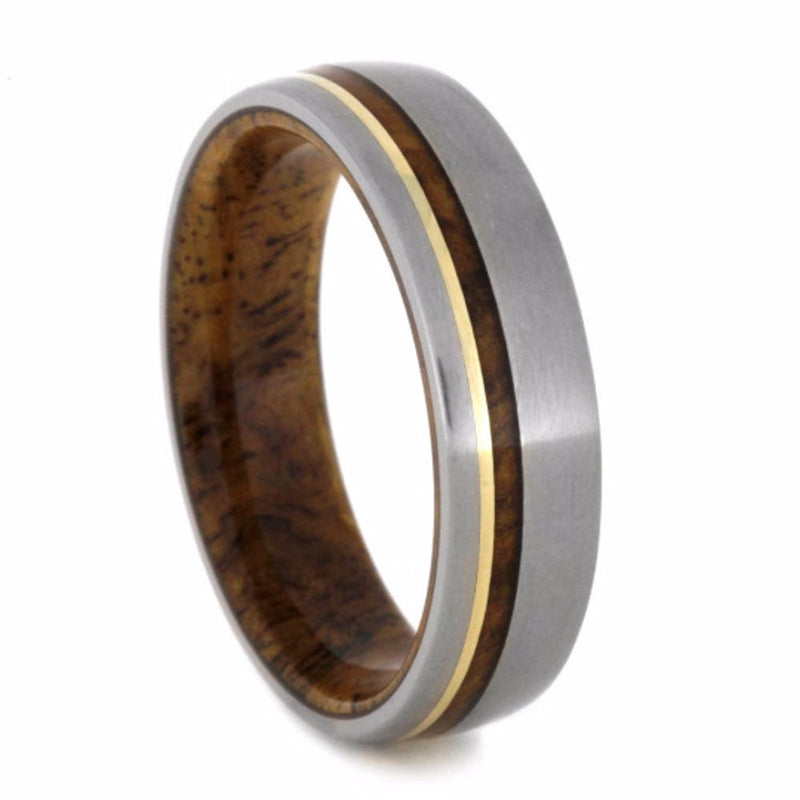 Sindora Wood, 14k Yellow Gold Pinstripe 6mm Comfort-Fit Matte Titanium Wedding Band