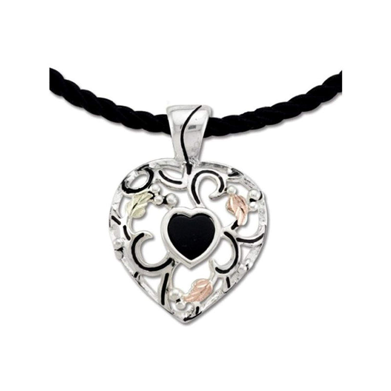 Onyx Filigree Heart Pendant Necklace, Sterling Silver, 12k Green and Rose Gold Black Hills Gold Motif, 18"