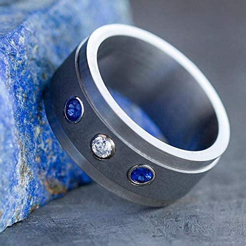 10k White Gold Blue Sapphire, Meteorite Ring and Blue Sapphire, Diamond Comfort-Fit Titanium Band His and Hers Rings