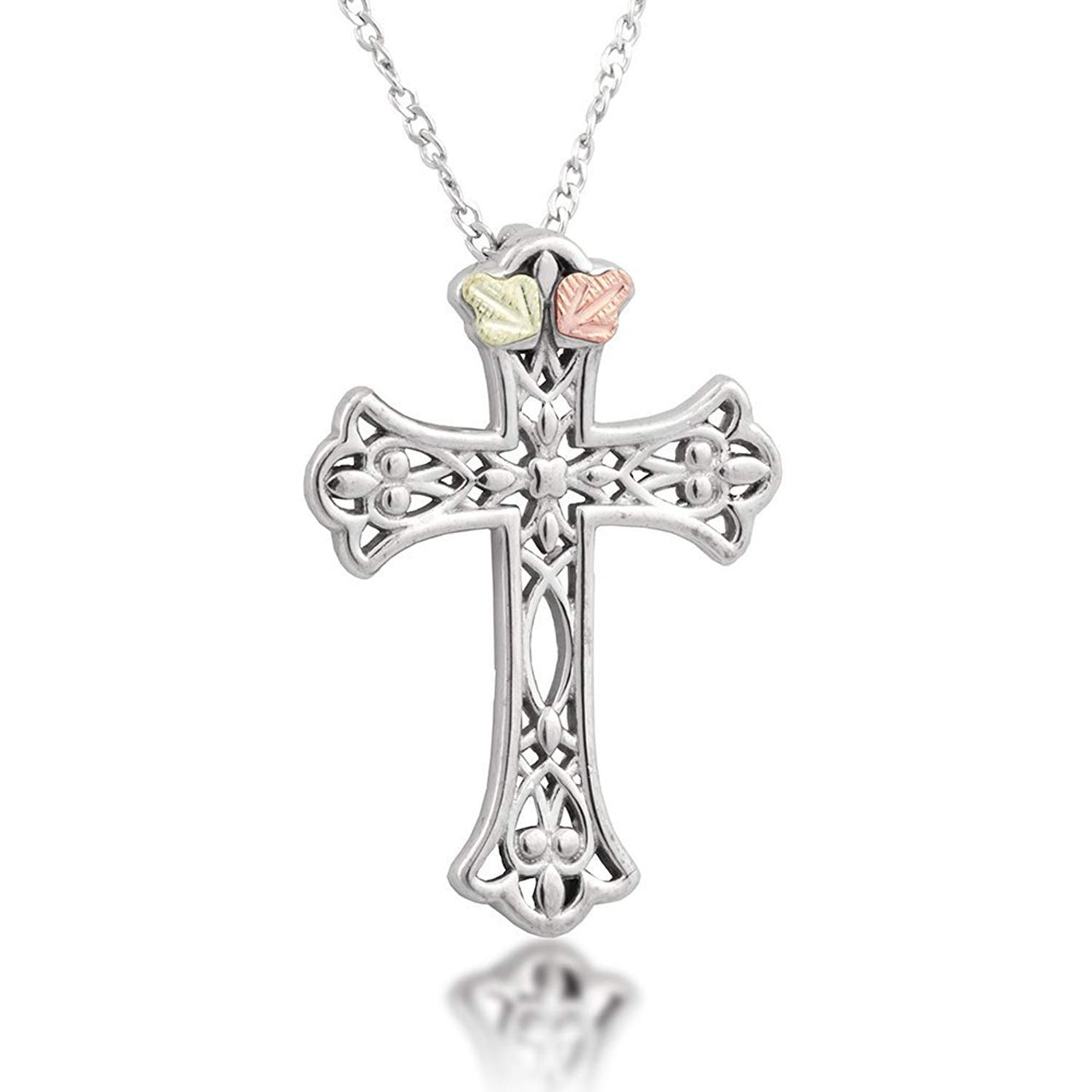 Filigree Cross Pendant Necklace, Sterling Silver, 12k Green and Rose Gold Black Hills Gold Motif, 18"