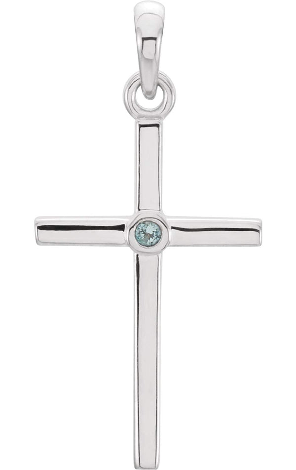 Aquamarine Inlay Cross Rhodium-Plated 14k White Gold Pendant (22.8x11.3MM)