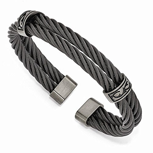 Men's Tribal Collection Gray Titanium Black Memory Two Cable Cuff Bracelet, 7"