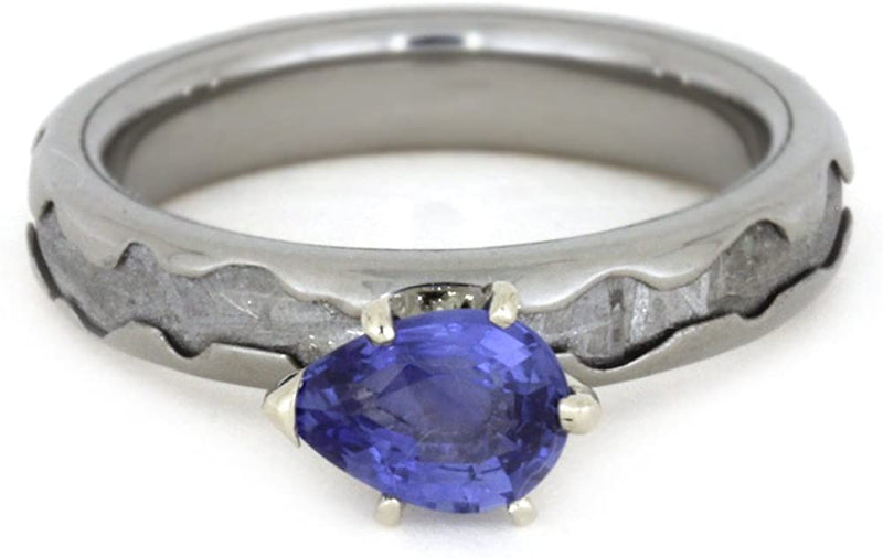 Created Blue Sapphire Pear,Gibeon Meteorite 4mm Comfort-Fit Titanium Engagement Band, Size 13.75