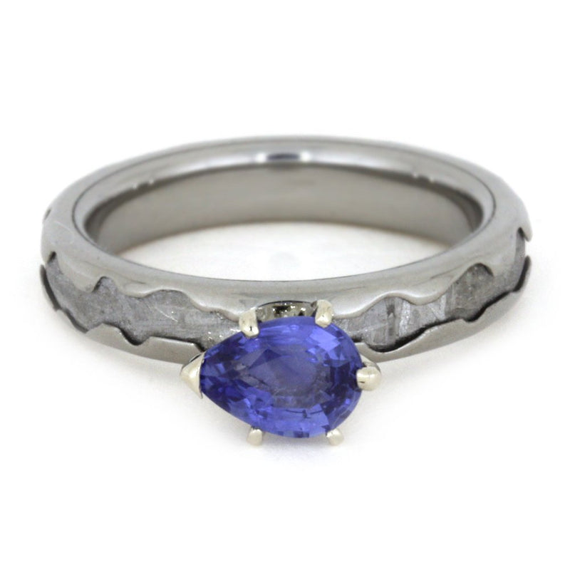 Created Blue Sapphire Pear,Gibeon Meteorite 4mm Comfort-Fit Titanium Engagement Band