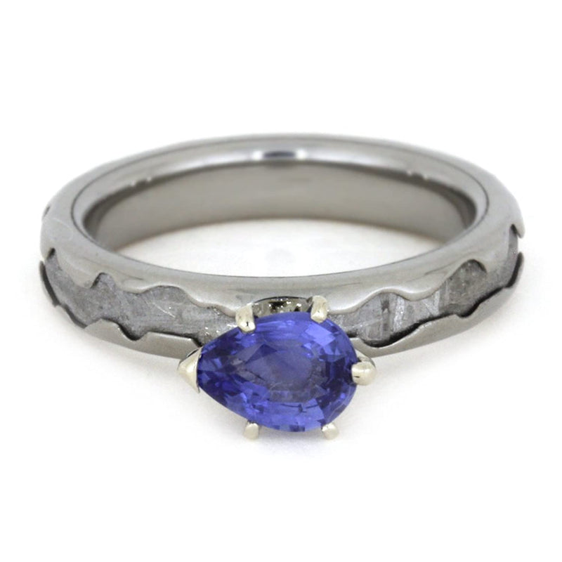 Created Blue Sapphire Pear,Gibeon Meteorite 4mm Comfort-Fit Titanium Engagement Band, Size 15