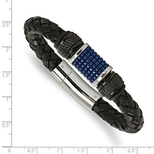 Men's Polished Stainless Steel Black and Blue IP-Plated Black Rubber, Leather Bracelet, 8.5"