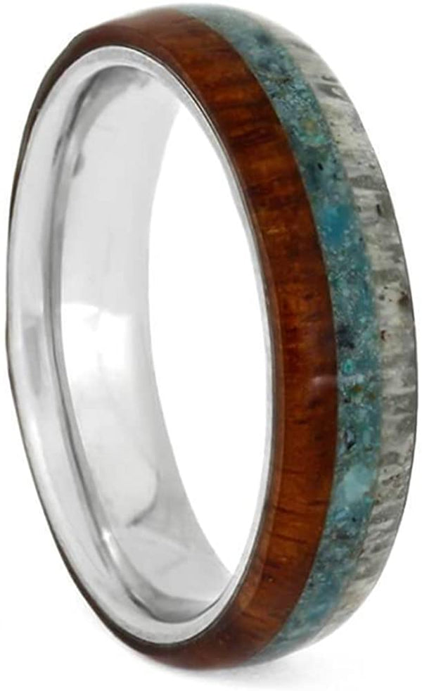 Crushed Turquoise, Deer Antler, Amboyna Wood, 4.5mm Titanium Comfort-Fit Band, Size 14.25