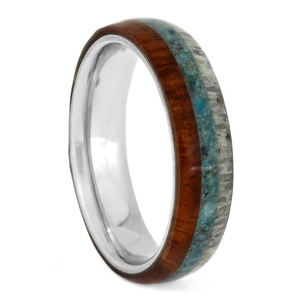 Crushed Turquoise, Deer Antler, Amboyna Wood, 4.5mm Titanium Comfort-Fit Band, Size 12.75