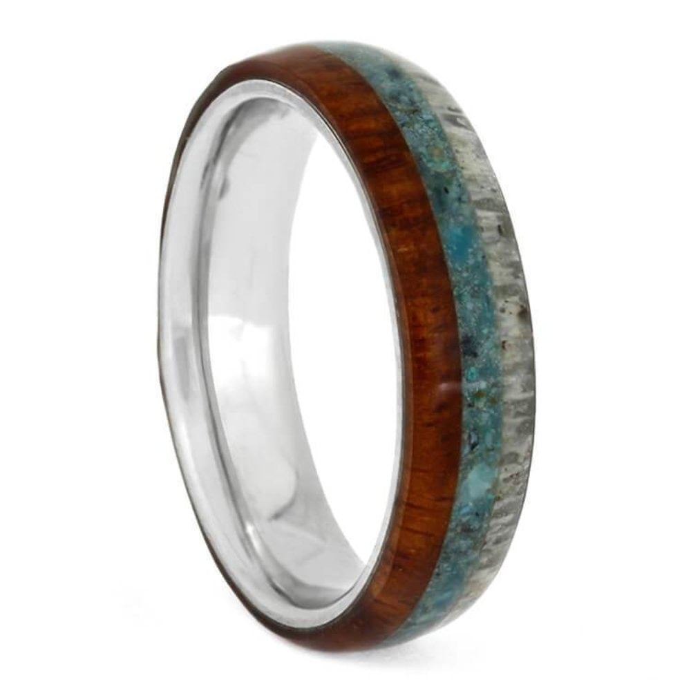 Crushed Turquoise, Deer Antler, Amboyna Wood, 4.5mm Titanium Comfort-Fit Band, Size 11