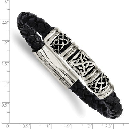 Men's Stainless Steel 14mm Black Leather with Antiqued Beads Bracelet, 8.5"