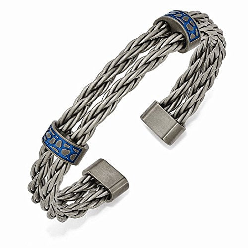 Men's Cobblestone Collection Gray Titanium with Blue Anodized Stations Cuff Bracelet, 7.5"