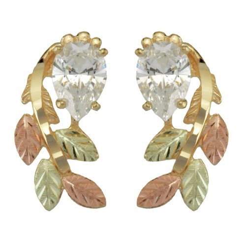 CZ Pear Inlaid Leaf Earrings, 10k Yellow Gold, 12k Rose and Green Gold Black Hills Gold Motif