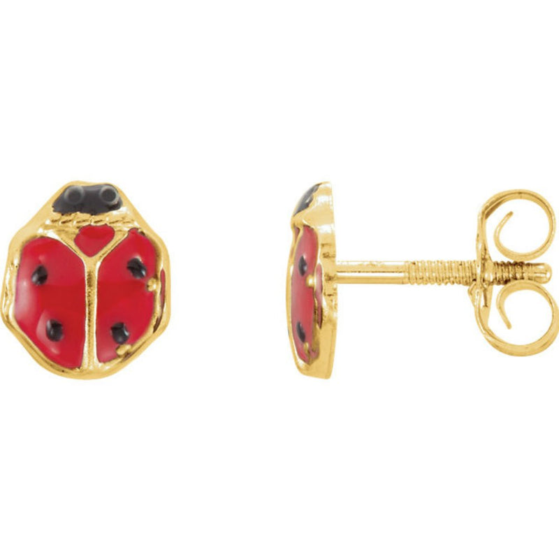 Childrens 14k Yellow Gold and Red Enamel Ladybug Earrings