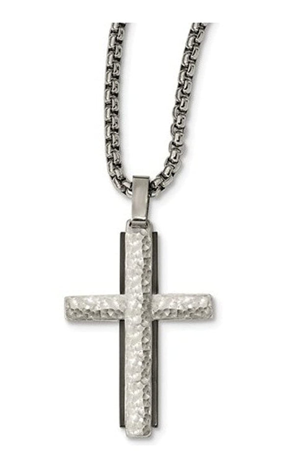 Edward Mirell Sterling Silver Black Titanium Hammered Cross Necklace, 20"