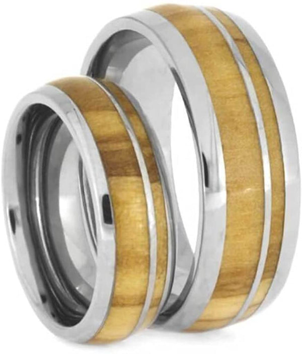 His and Hers Titanium Olive Wood Comfort-Fit Bands Sizes M9.5-F5.5