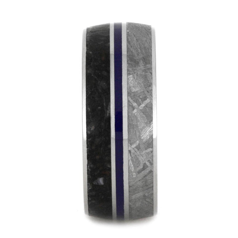 Gibeon Meteorite, Dinosaur Bone, Blue Stripe 9mm Comfort-Fit Titanium Band and Sizing Ring, Size 10.25