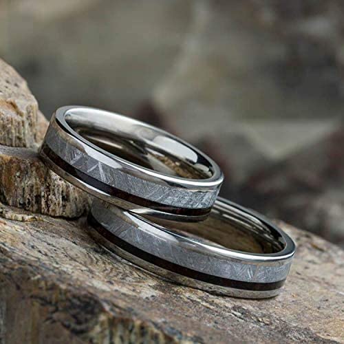 Gibeon Meteorite, African Blackwood 5mm Comfort-Fit Titanium His and Hers Wedding Band Set Size, M16-F9.5