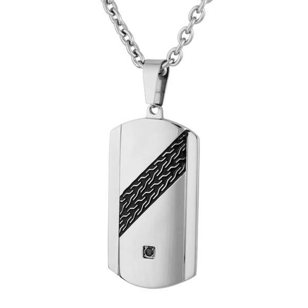 Men's Two-Tone, Antiquing Black CZ Dog Tag Pendant Necklace, Stainless Steel, 24"