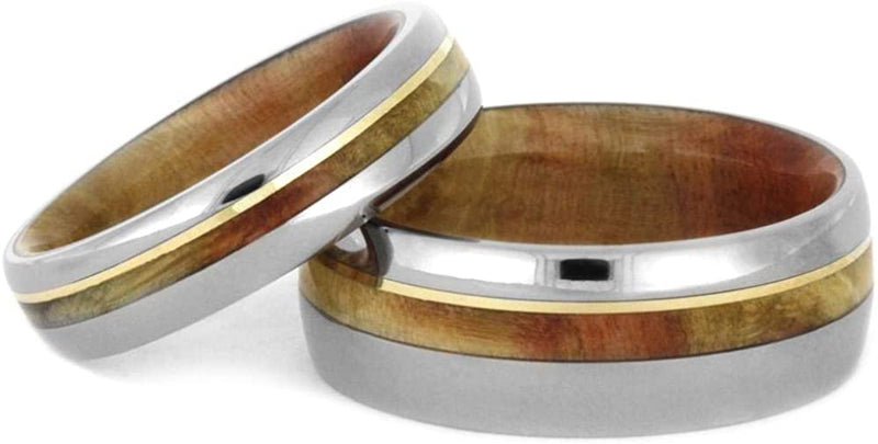 Titanium, 14k Yellow Gold Stripe, Comfort-Fit Flame Box Elder Burl Wood Band, Couples Wedding Rings, M 14-F5.5