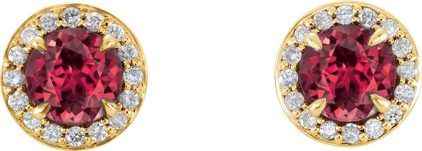 Chatham Created Ruby and Diamond Halo-Style Earrings, 14k Yellow Gold (4.5 MM) (.16 Ctw, G-H Color, I1 Clarity)