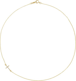 Diamond Off-Center Sideways Cross 14k Yellow Gold Necklace, 16" (.05 Ctw, G-H Color, I1 Clarity)