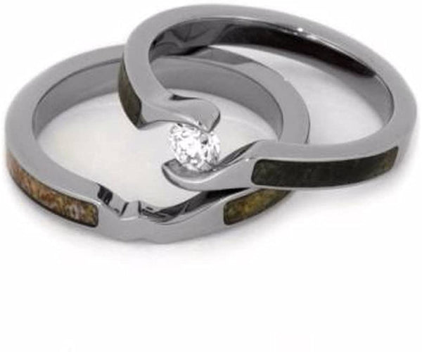 Tension-Set Diamond, Obsidian Engagement Ring, Antler Titanium Wedding Band, Bridal Set Size 14.5