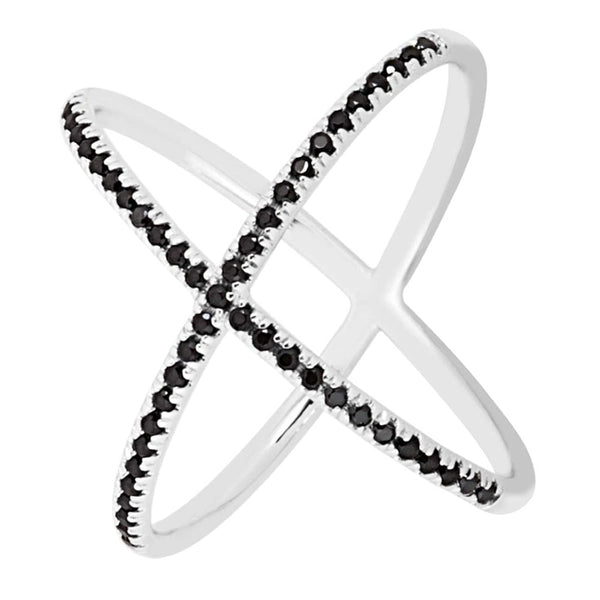 Black CZ X Rhodium Plated Sterling Silver Ring, Size 8