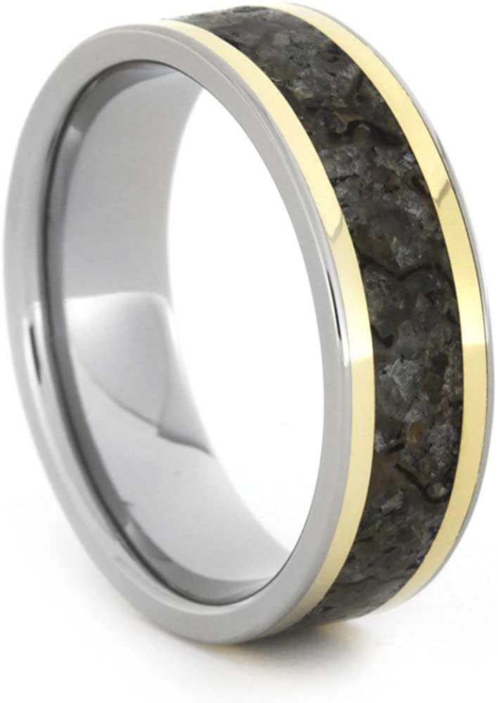 Dinosaur Bone, 18k Yellow Gold Pinstripes 7mm Comfort-Fit Titanium Ring, Size 15