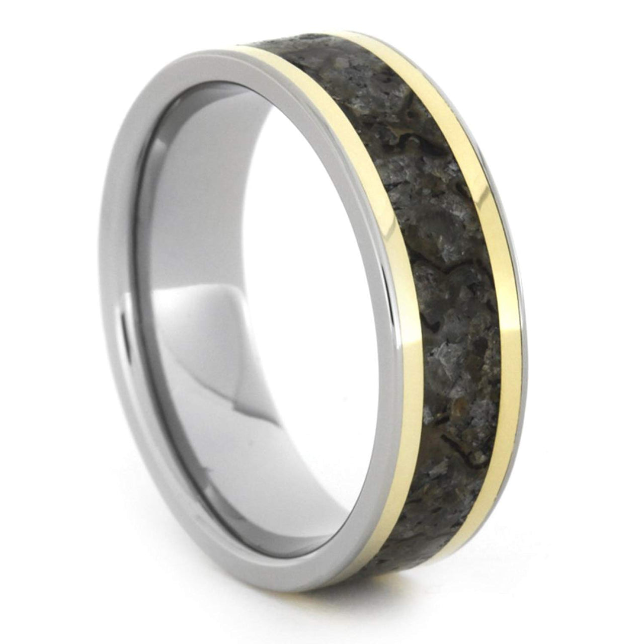 Dinosaur Bone, 18k Yellow Gold Pinstripes 7mm Comfort-Fit Titanium Ring