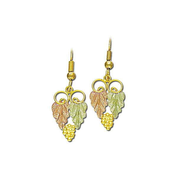 Loops Leaves and Grapes with Fish Hook Earrings, 10k Yellow Gold, 12k Green and Rose Gold Black Hills Gold Motif