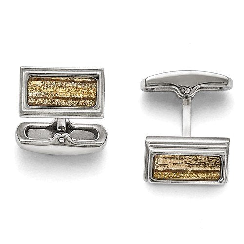 Stainless Steel Polished Cream and Black Enameled Rectangle Cuff Links