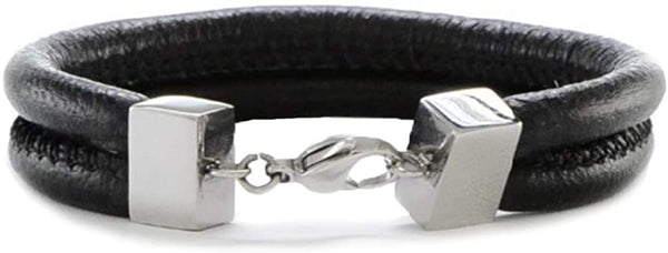 Men's Black Leather Double Row Stainless Steel Bracelet 8.5 Inches