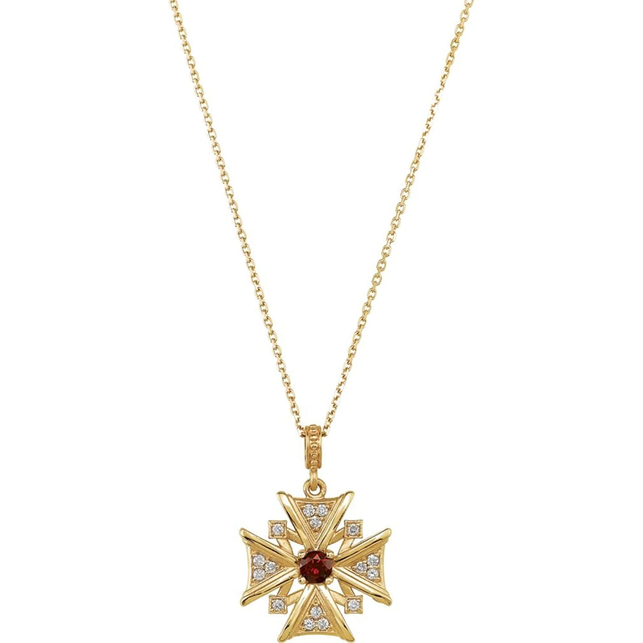 Mozambique Garnet and Diamond Vintage-Style Cross 14k Yellow Gold Necklace, 18"