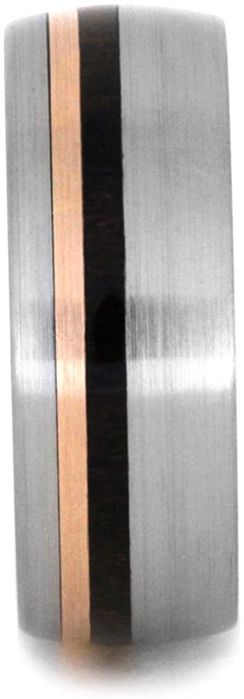 Ziricote Wood, 14k Rose Gold Pinstripes 8mm Comfort-Fit Brushed Titanium Band, Size 9.75