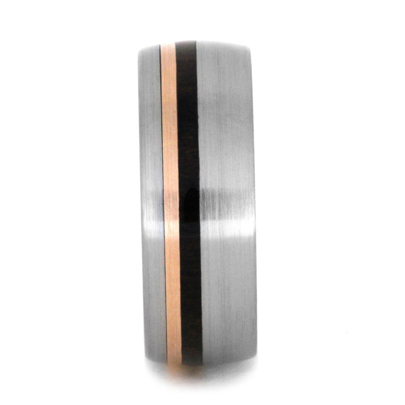 Ziricote Wood, 14k Rose Gold Pinstripes 8mm Comfort-Fit Brushed Titanium Band