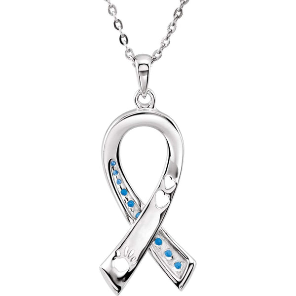 Blue CZ Ribbon 'Protect Children from Child Abuse' Rhodium Plate Sterling Silver Necklace, 18"