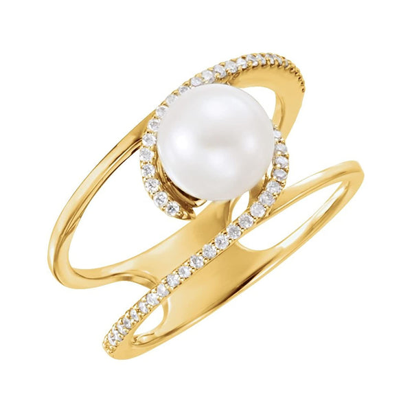 White Freshwater Cultured Pearl, Diamond Negative Space Ring, 14k Yellow Gold (7.5-8.00)(.125Ctw, G-H Color, I1 Clarity) Size 7