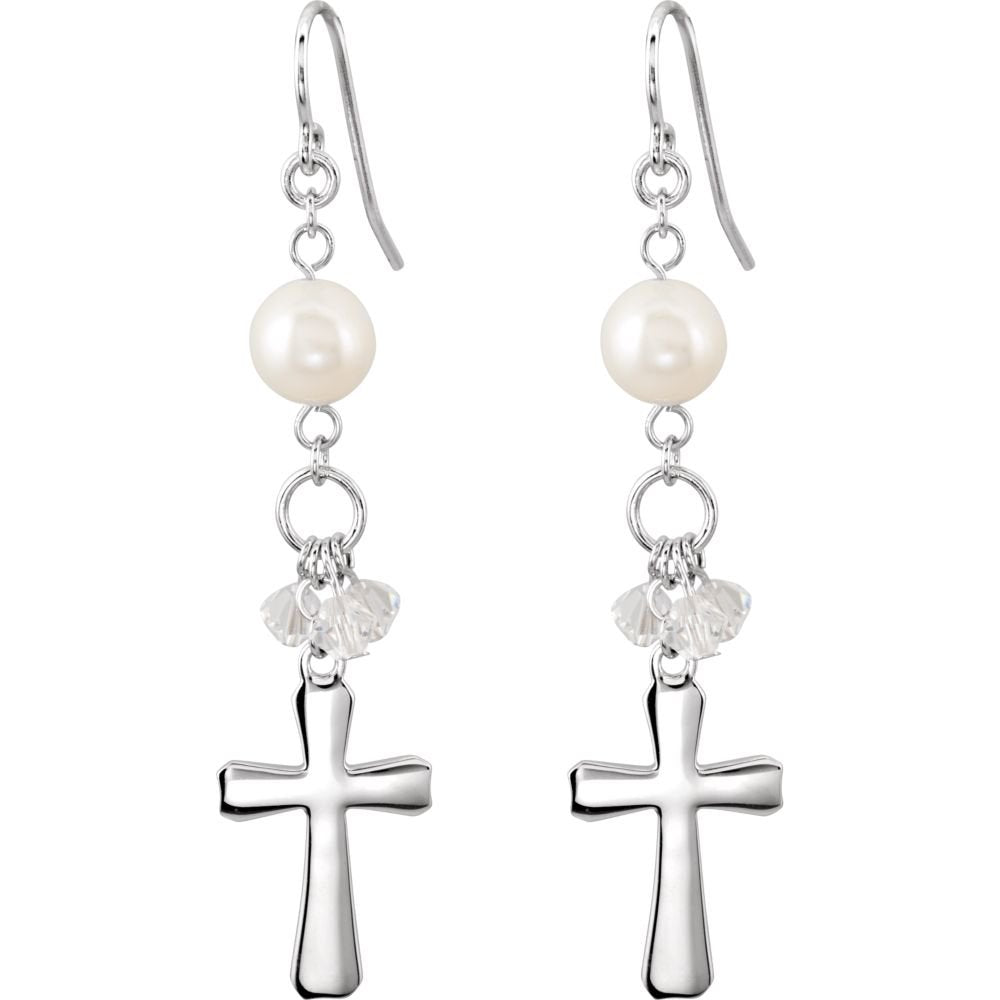 Rhodium Plate Sterling Silver Freshwater Pearl Cross Earrings