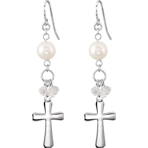 Rhodium Plate Sterling Silver Freshwater Pearl Cross Earrings